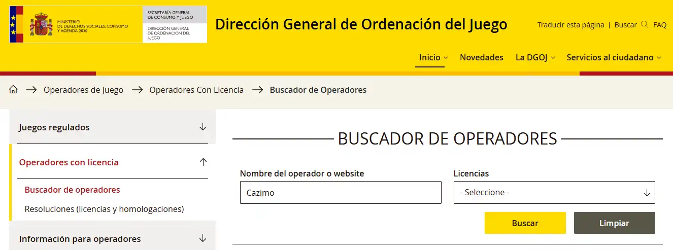 Buscador oficial de operadores con licencia de la DGOJ