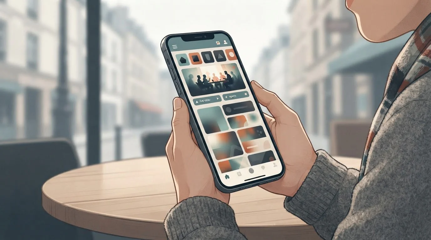 Ilustración editorial de un teléfono mostrando una interfaz abstracta de entretenimiento online sin marcas ni texto